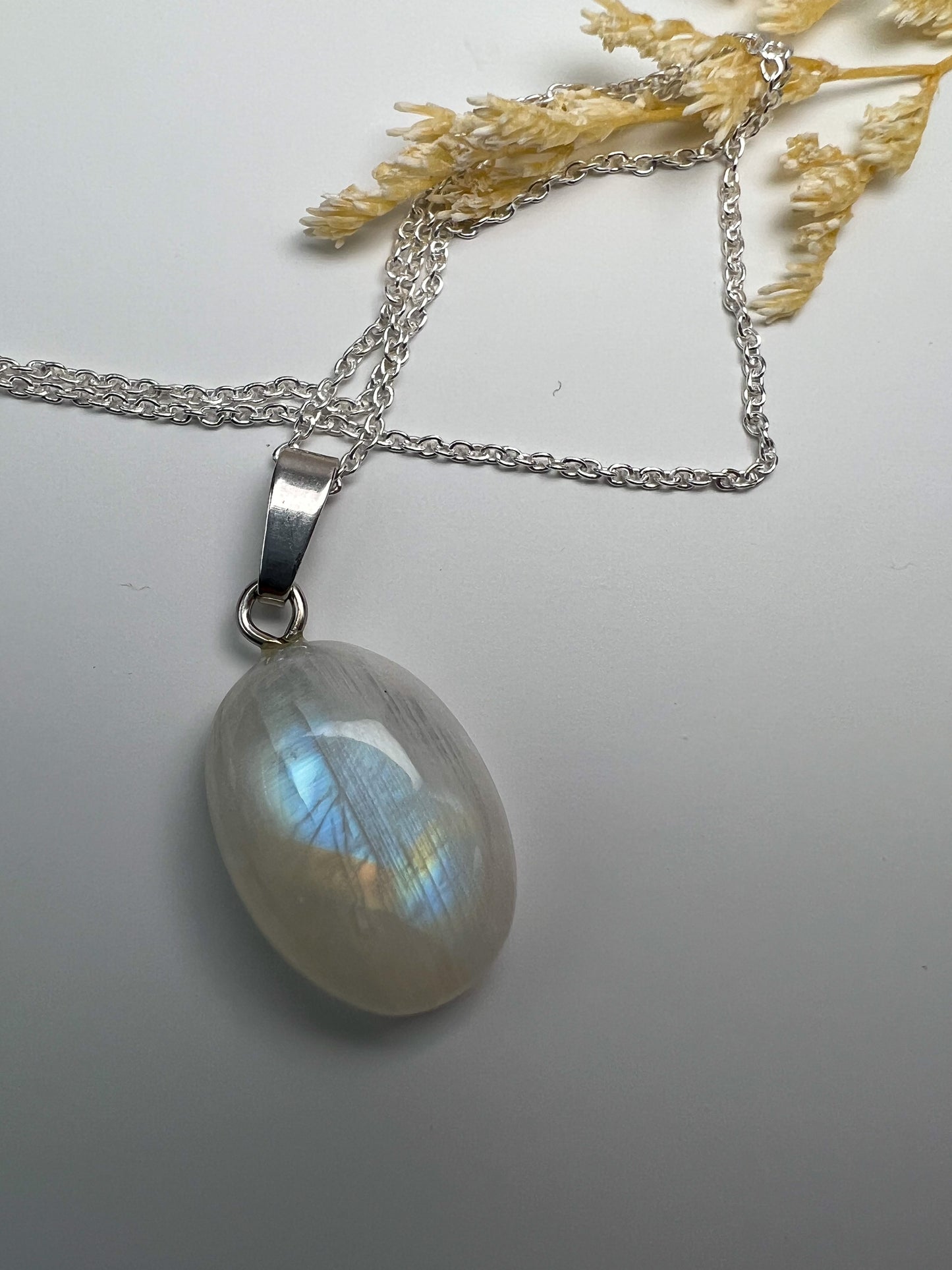 Weiße Labradorit Kette 925 Silber Anhänger Mondstein