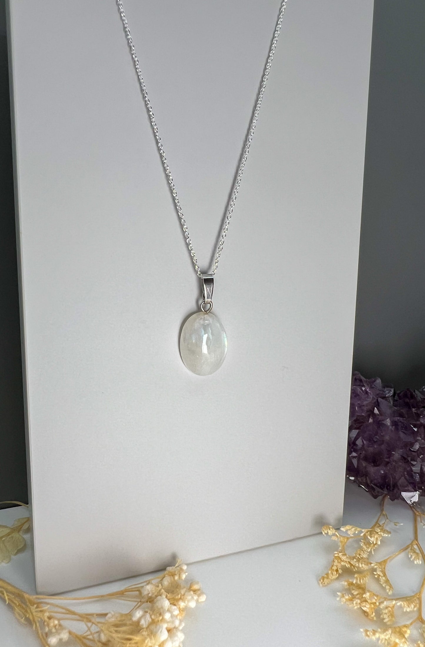 Weiße Labradorit Kette 925 Silber Anhänger Mondstein