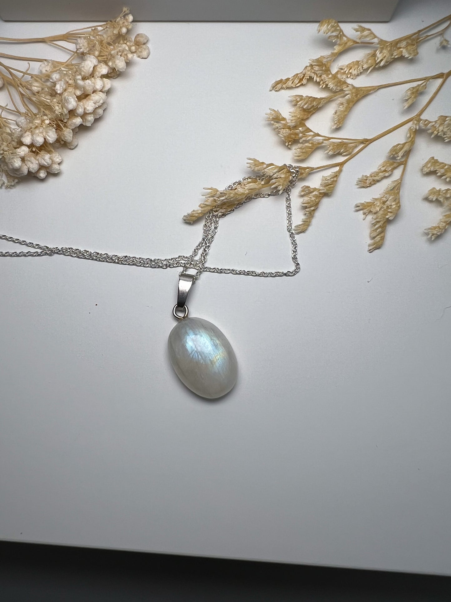 Weiße Labradorit Kette 925 Silber Anhänger Mondstein