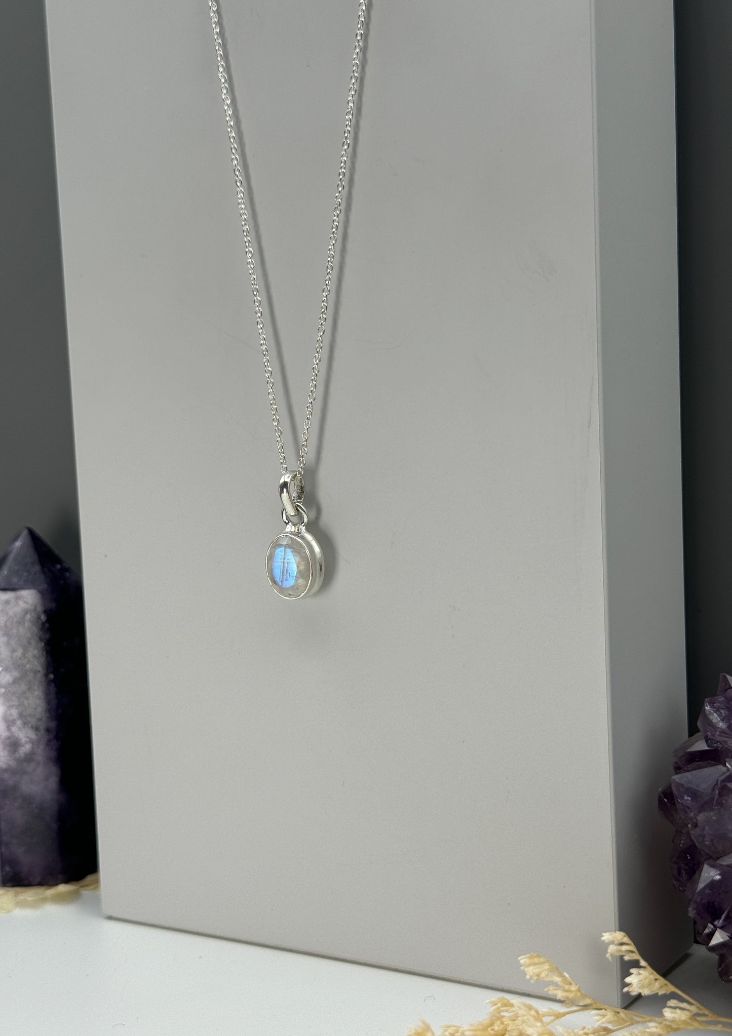 Weißer Labradorit 925 Silber Kette Flash