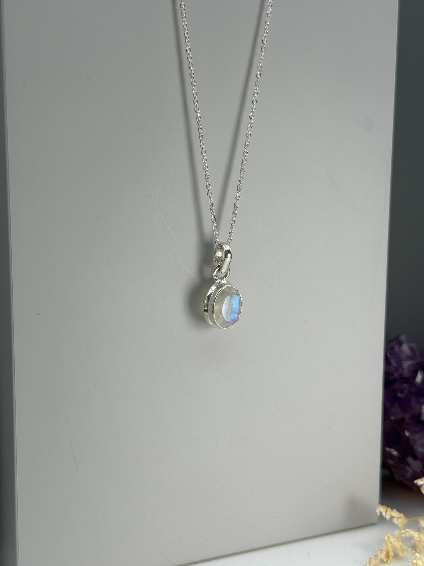 Weißer Labradorit 925 Silber Kette Flash