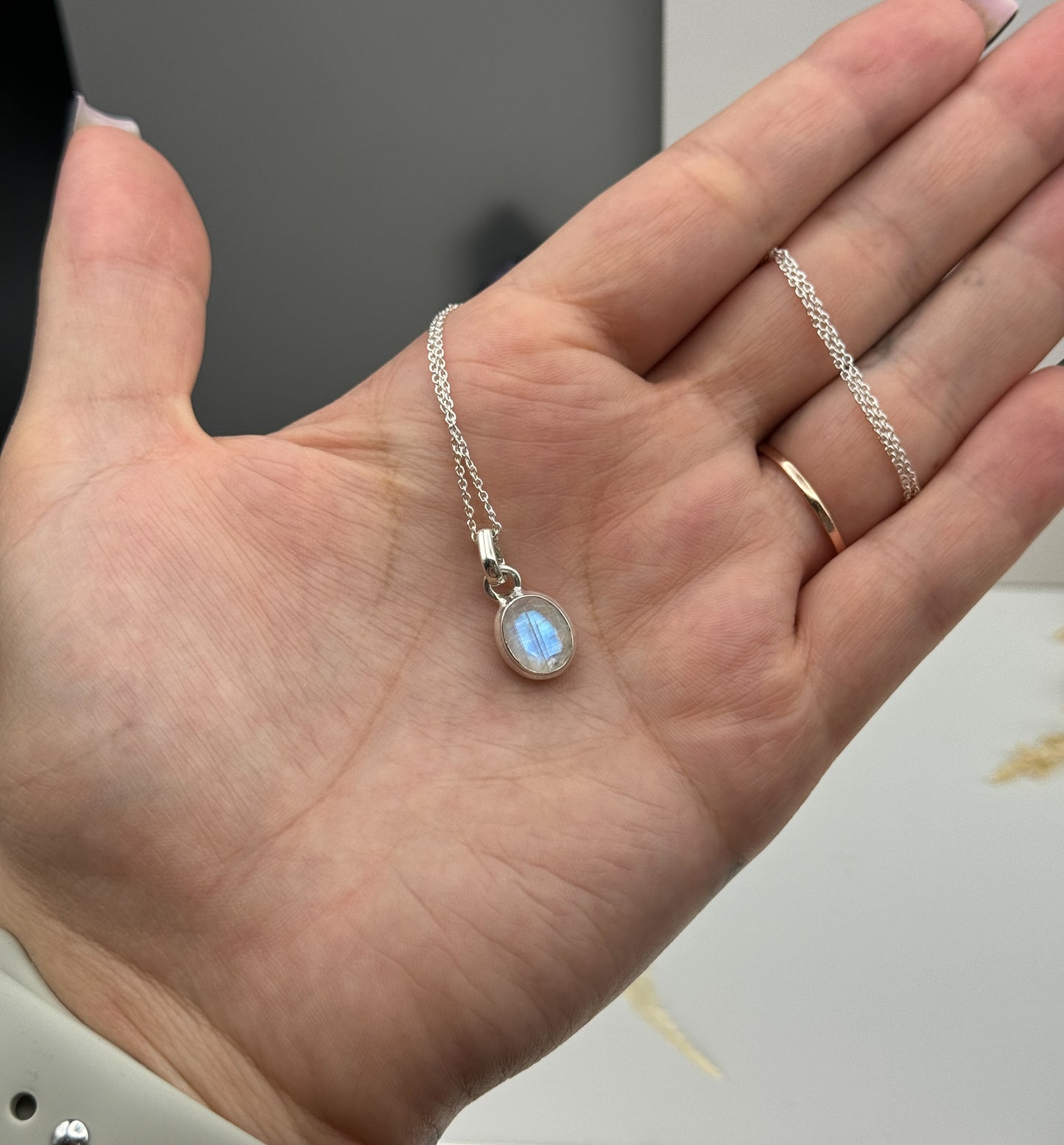 Weißer Labradorit 925 Silber Kette Flash