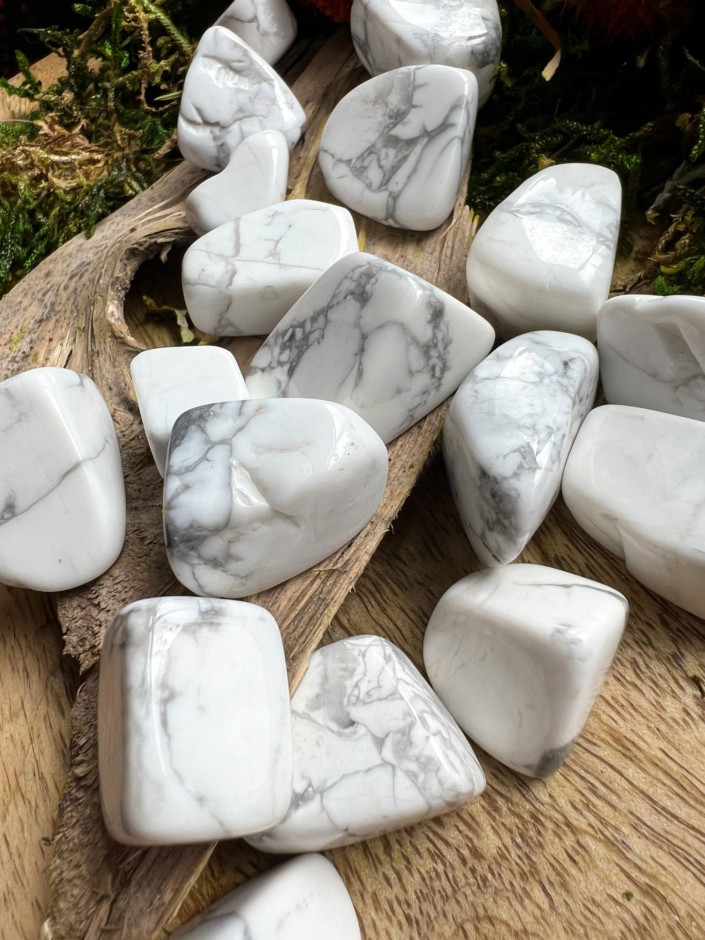 Howlith Howlite | Trommelstein | Kristall, Heilstein, Edelstein, Mineralien | Kronen Chakra | Spirituelles Geschenk | mamoriert weiß  grau
