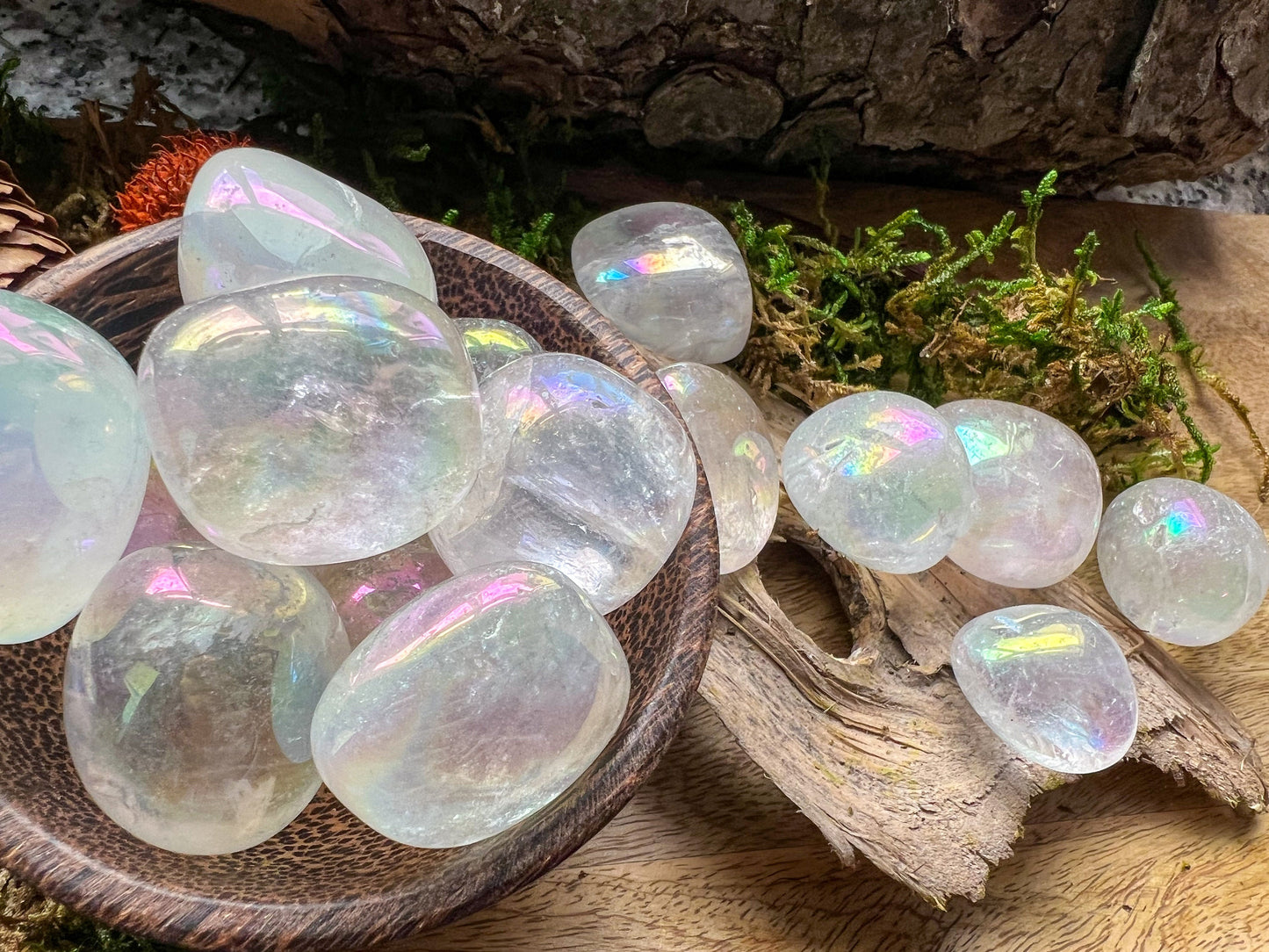 Angel Aura Bergkristall | Clear Quartz | Trommelstein Handschmeichler | Kristall, Edelstein, Heilstein, Mineralien, Naturstein | Rainbow